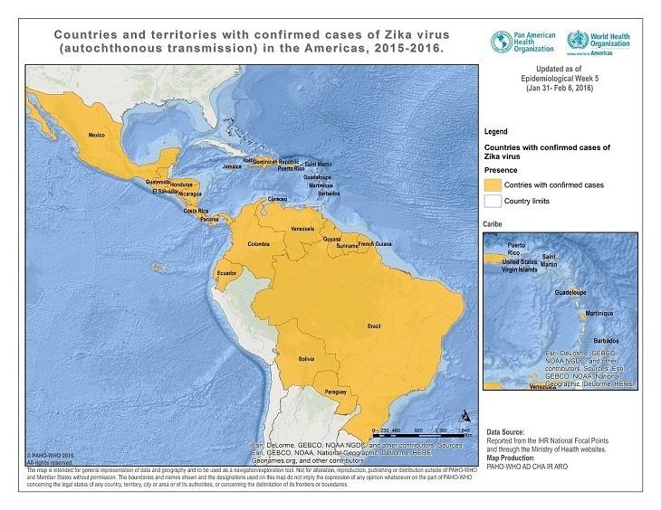 countries and territories with confornmed cases of Zika virus 2015-2016
